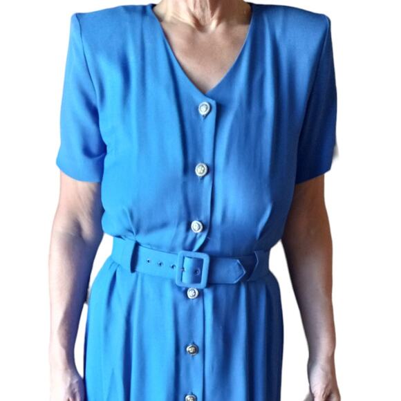 Vntg 80s Studio I Belted Blue Maxi Dress Sz 8 Modest Church Retro Shoulder Pads - Picture 2 of 9